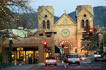 St. Francis Cathedral on the Plaza in the evening. Santa Fe. New Mexico, USA